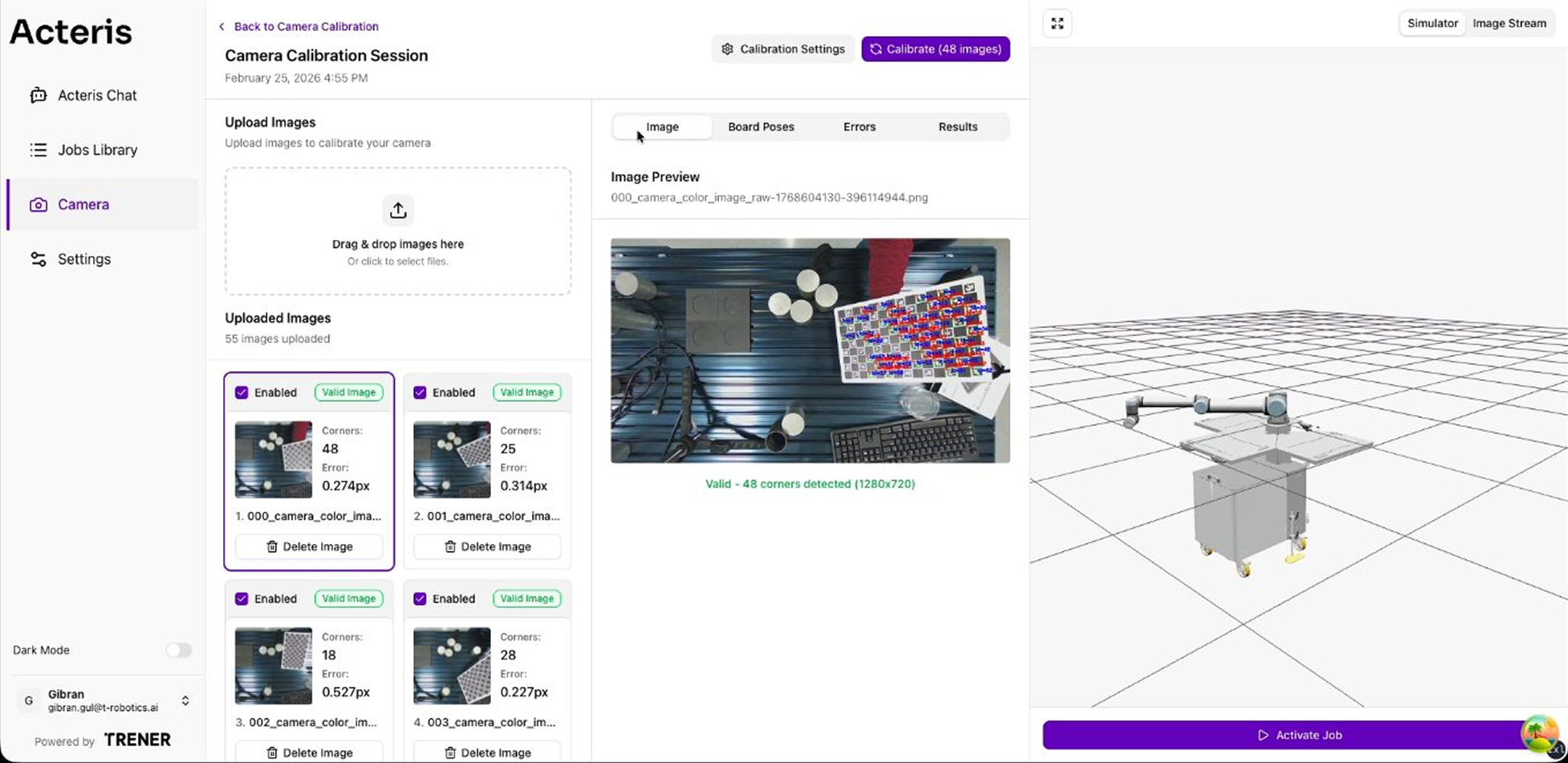 Acteris AI vizuálny systém — kalibrácia kamery pre detekciu dielov