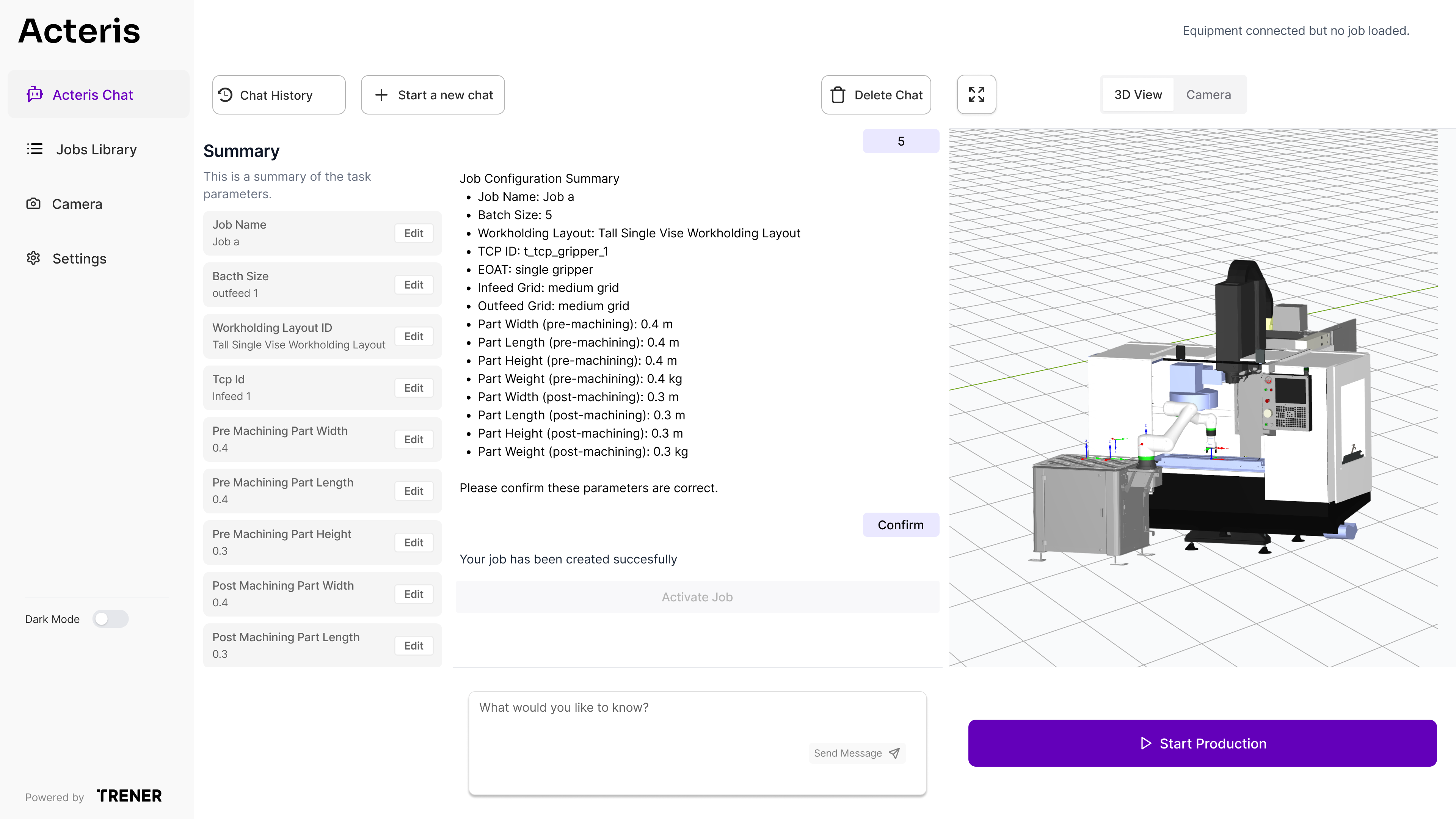 Acteris production dashboard — cyklové časy, batch tracking, monitoring